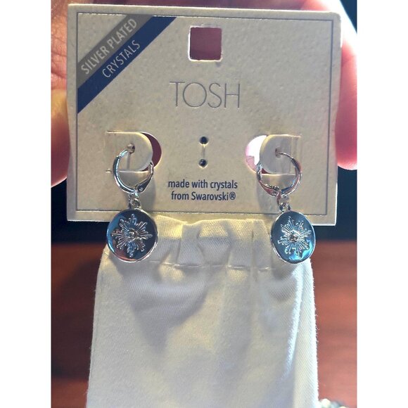 TOSH Silver Plated Hoop Earrings with Swarovski Crystals Snowflake Starburst - Picture 1 of 4